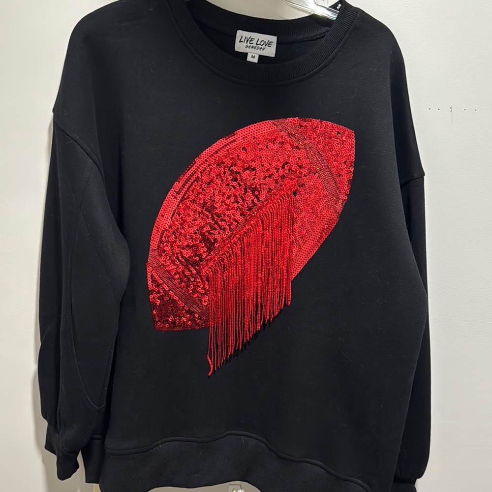 Black Sweatshirt with Red Sequin Fringe Football Design 🏈
